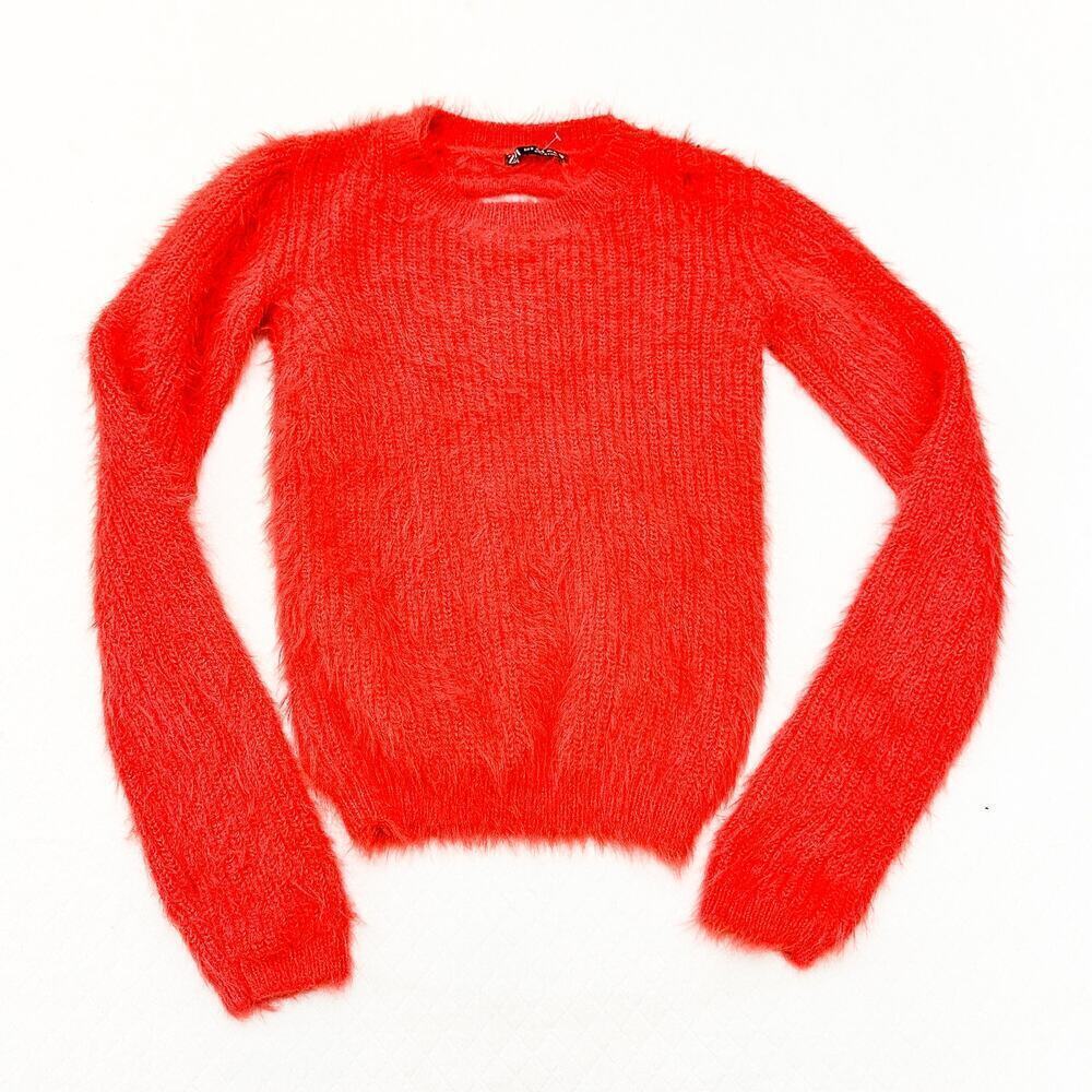 Zara Fuzzy Scoop Neck Sweater in Vivid Orange-Red